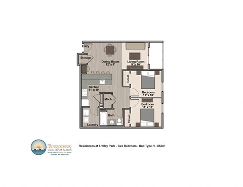 Floor plan for 2 beds, 1 bath, 853 sqft